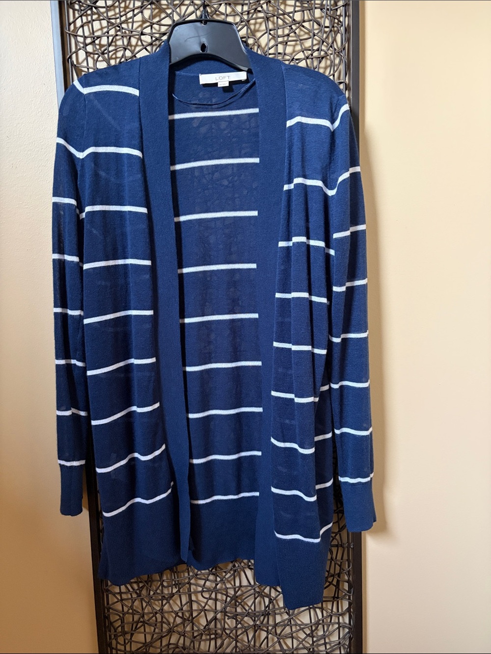 LOFT Navy Open-Front Cardigan with White Stripes